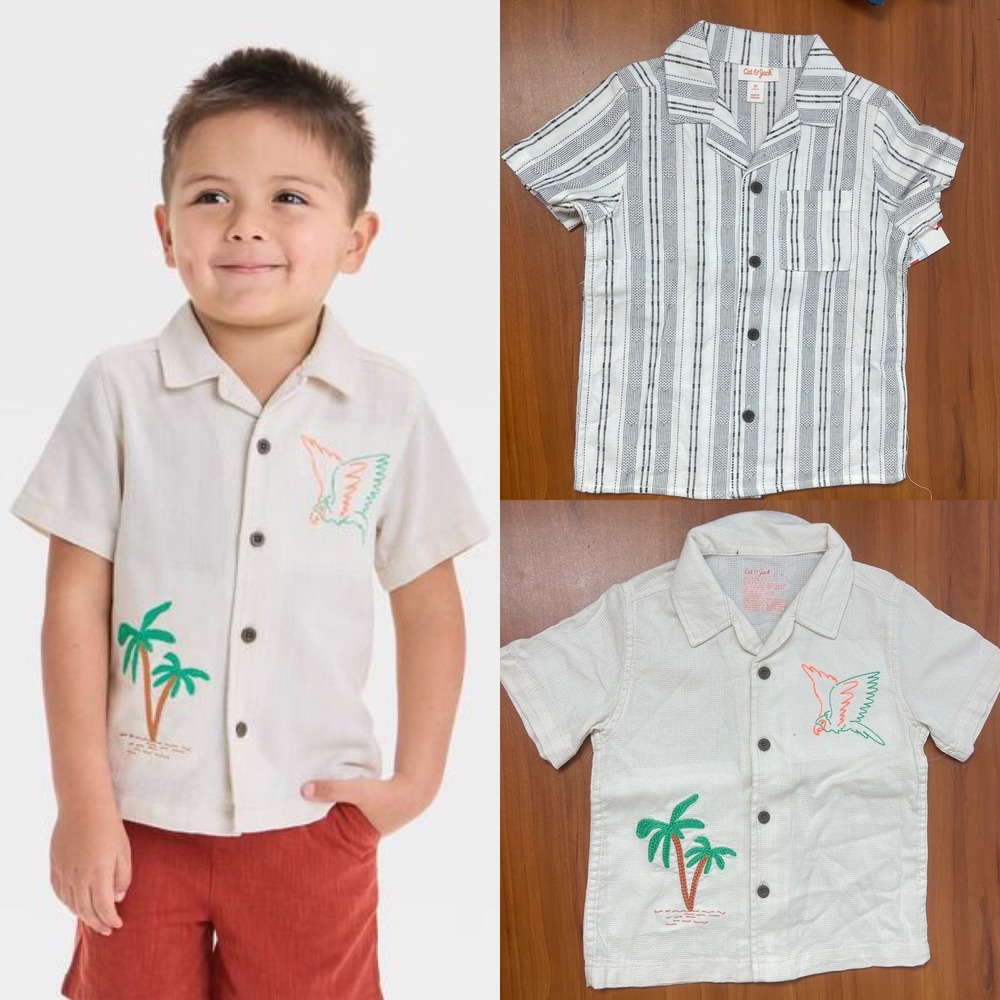 Lot of 2 Cat & Jack Boys Toddler Short Sleeve Button Down Shirt Bundle Sharks 3T